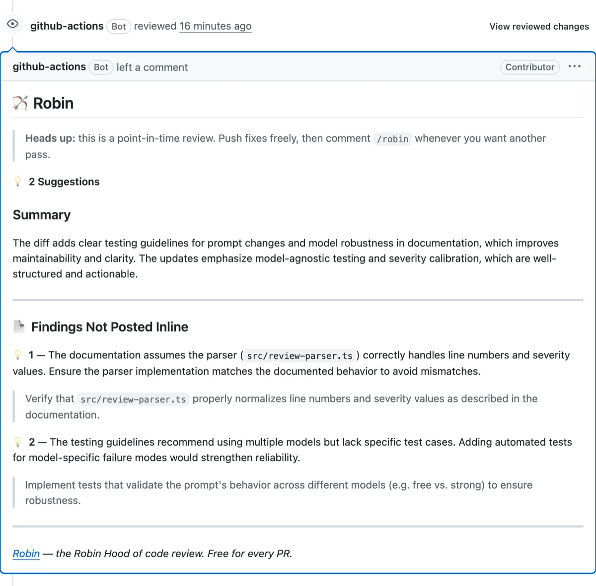A Robin review on a GitHub pull request: a summary, severity-tiered findings, and a teammate-style note